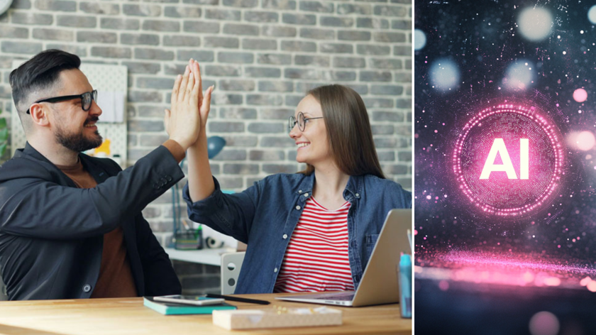 Ett kollage med en bild på en man och en kvinna som sitter vid ett skrivbord, med en laptop framför sig och gör en high five. Den andra bilden är en illustration med mörkblå bakgrund, rosa detaljer och AI skrivet i vitt.